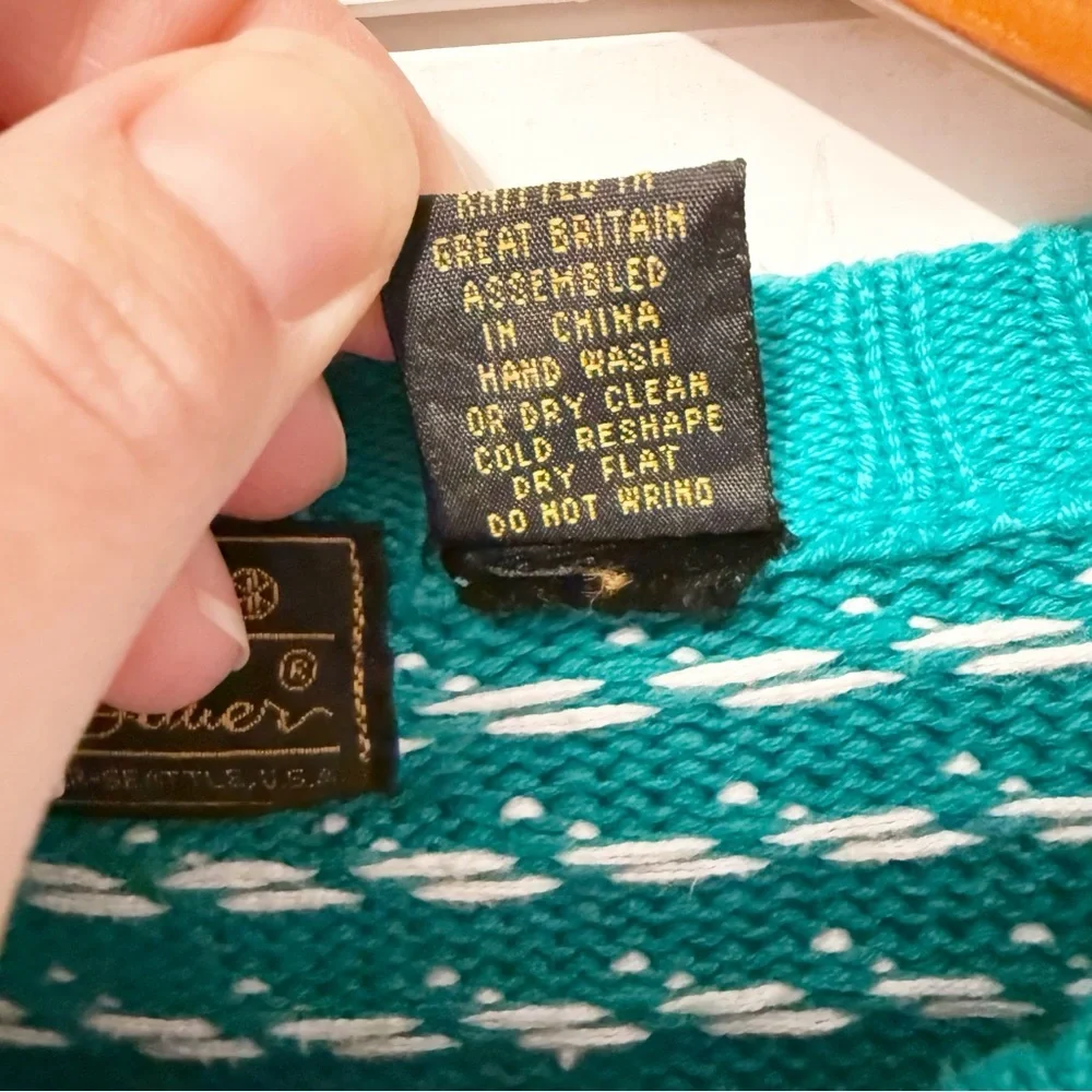 Vintage Eddie Bauer Mens Bird's Eye Teal Crewneck 100% Cotton Sweater Size Large - Picture 5 of 8